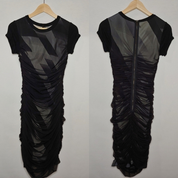 BCBG bcbgmaxazria Mesh Ruched Fitted Short Sleeve‎ Bodycon Dress XS Black Combo - Picture 1 of 10